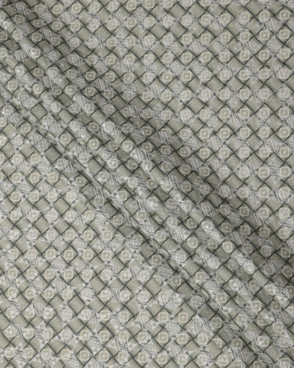 Olive Green Geometric Block Print Synthetic Cotton Fabric, 140 Cms, India-D25389