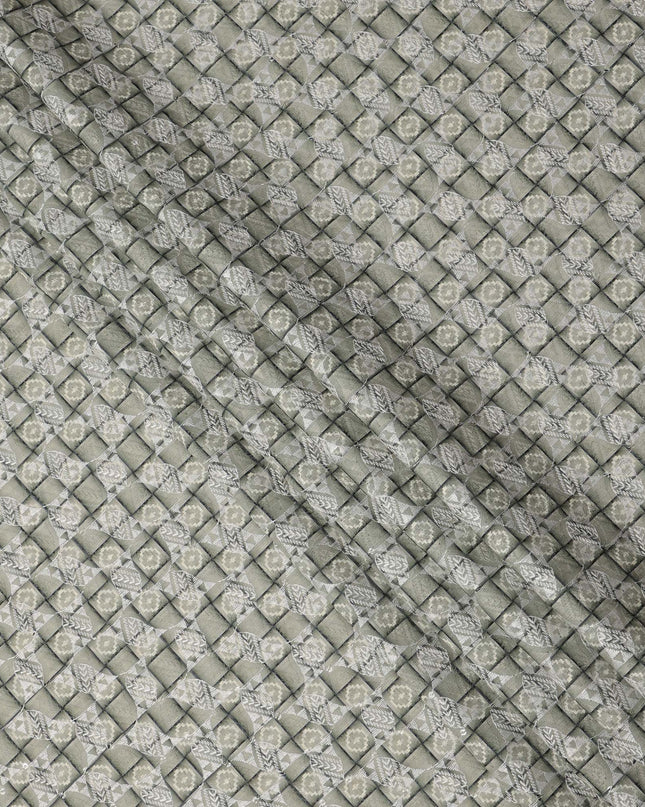 Olive Green Geometric Block Print Synthetic Cotton Fabric, 140 Cms, India-D25389