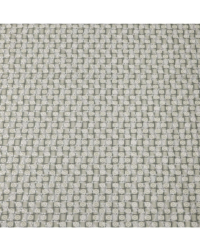 Olive Green Geometric Block Print Synthetic Cotton Fabric, 140 Cms, India-D25389