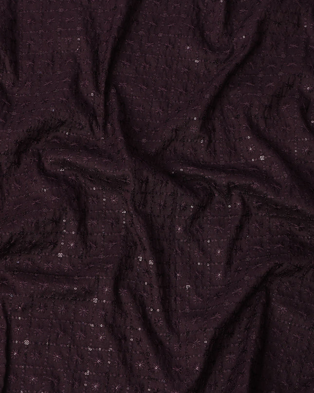 Wine Sequin Embroidered Self Design Synthetic Cotton Fabric, 140 Cms, India-D25386 Regal Fabrics