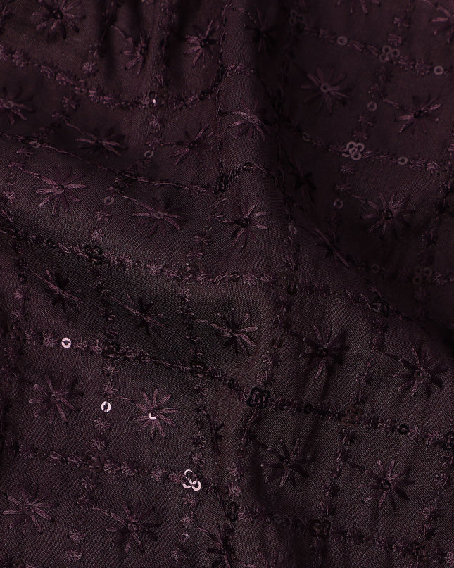 Wine Sequin Embroidered Self Design Synthetic Cotton Fabric, 140 Cms, India-D25386 Regal Fabrics