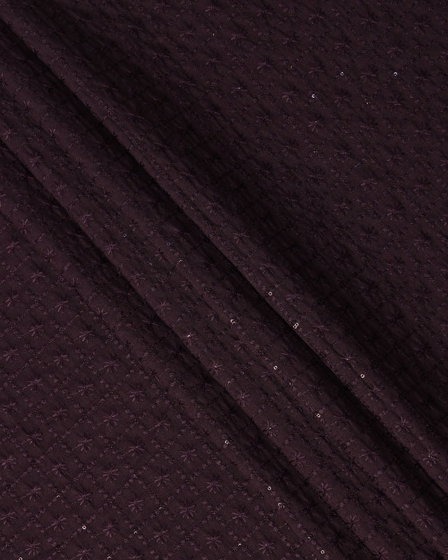 Wine Sequin Embroidered Self Design Synthetic Cotton Fabric, 140 Cms, India-D25386 Regal Fabrics