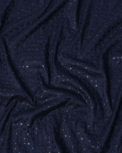 Navy Blue Sequin Embroidered Self Design Synthetic Cotton Fabric, 140 Cms, India-D25383