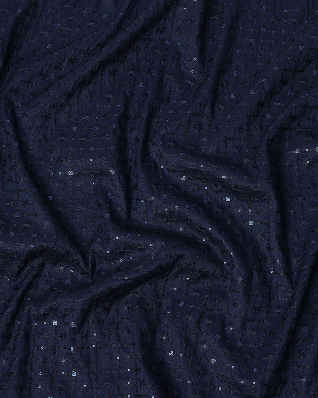Navy Blue Sequin Embroidered Self Design Synthetic Cotton Fabric, 140 Cms, India-D25383