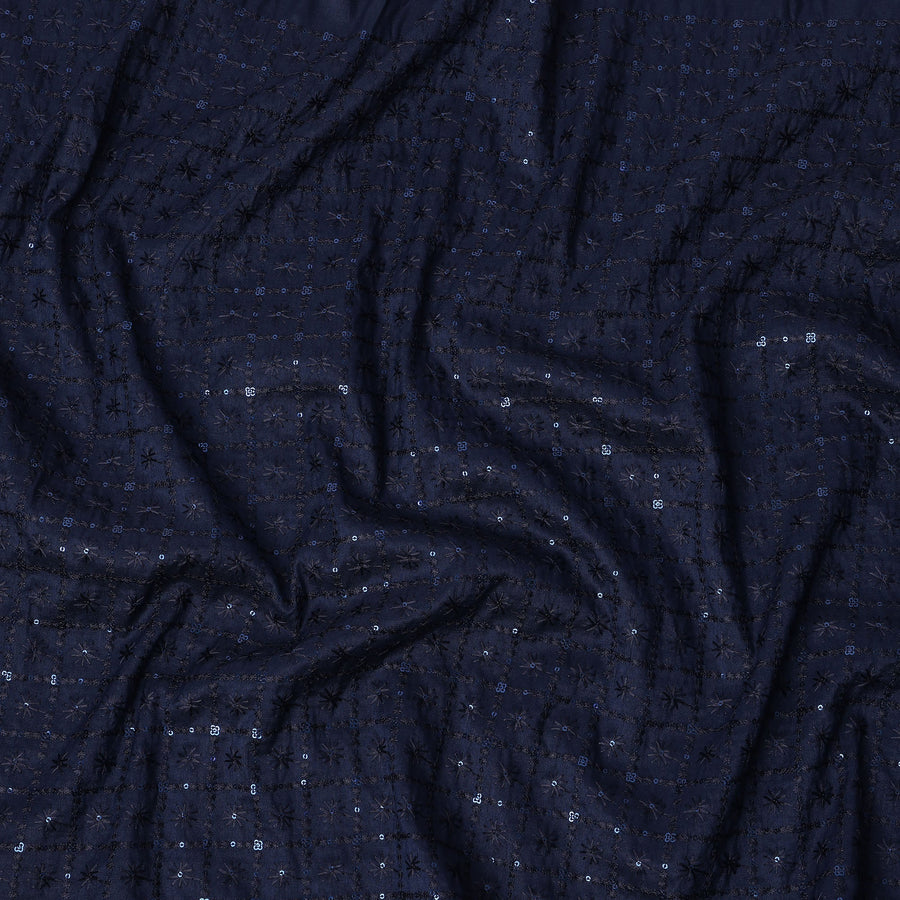 Navy Blue Sequin Embroidered Self Design Synthetic Cotton Fabric, 140 Cms, India-D25383
