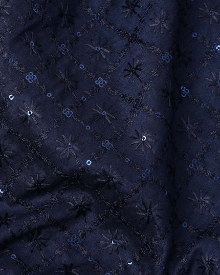 Navy Blue Sequin Embroidered Self Design Synthetic Cotton Fabric, 140 Cms, India-D25383