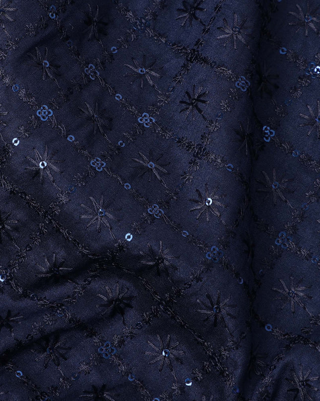 Navy Blue Sequin Embroidered Self Design Synthetic Cotton Fabric, 140 Cms, India-D25383