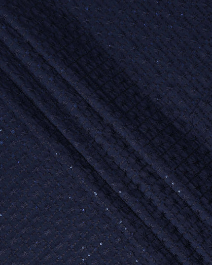 Navy Blue Sequin Embroidered Self Design Synthetic Cotton Fabric, 140 Cms, India-D25383