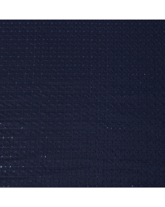 Navy Blue Sequin Embroidered Self Design Synthetic Cotton Fabric, 140 Cms, India-D25383