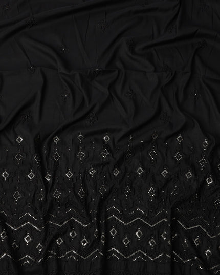 Black Embroidered with Mirror Work Border Synthetic Cotton Fabric, 140 Cms, India-D25390