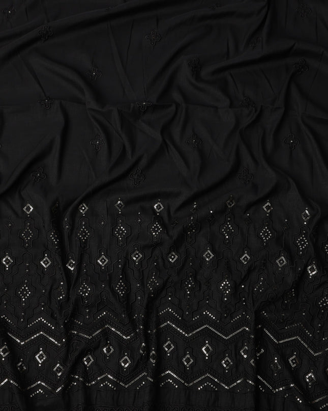 Black Embroidered with Mirror Work Border Synthetic Cotton Fabric, 140 Cms, India-D25390