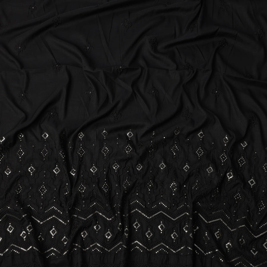 Black Embroidered with Mirror Work Border Synthetic Cotton Fabric, 140 Cms, India-D25390