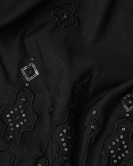 Black Embroidered with Mirror Work Border Synthetic Cotton Fabric, 140 Cms, India-D25390