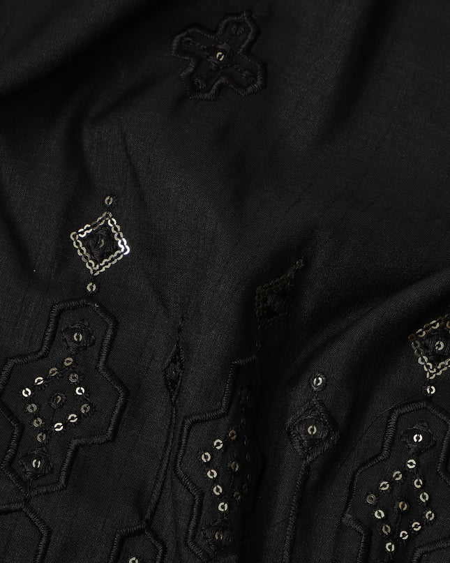 Black Embroidered with Mirror Work Border Synthetic Cotton Fabric, 140 Cms, India-D25390