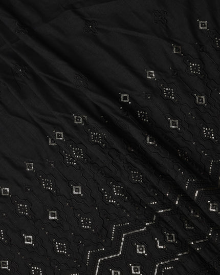 Black Embroidered with Mirror Work Border Synthetic Cotton Fabric, 140 Cms, India-D25390