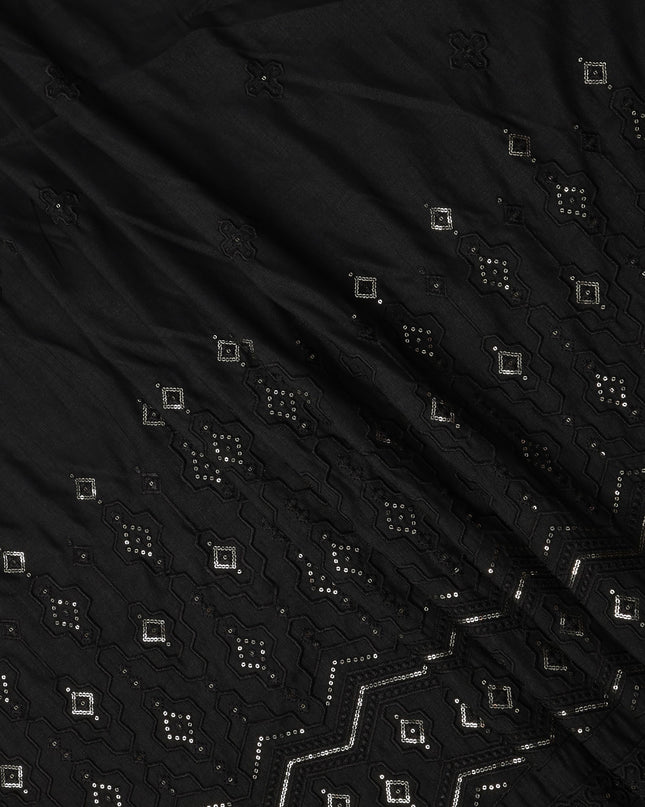 Black Embroidered with Mirror Work Border Synthetic Cotton Fabric, 140 Cms, India-D25390