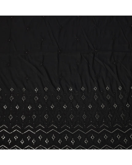 Black Embroidered with Mirror Work Border Synthetic Cotton Fabric, 140 Cms, India-D25390