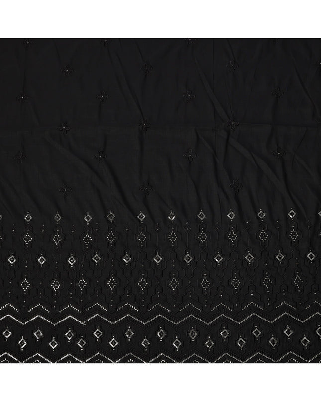 Black Embroidered with Mirror Work Border Synthetic Cotton Fabric, 140 Cms, India-D25390