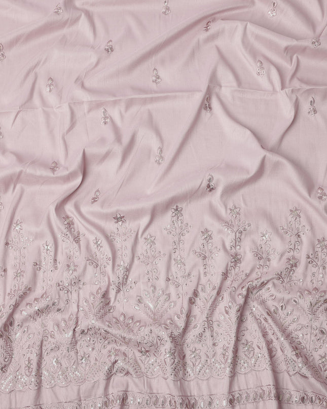 Baby Pink Floral Embroidered with Mirror Work Synthetic Cotton Fabric, 140 Cms, India-D25388