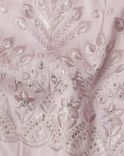 Baby Pink Floral Embroidered with Mirror Work Synthetic Cotton Fabric, 140 Cms, India-D25388