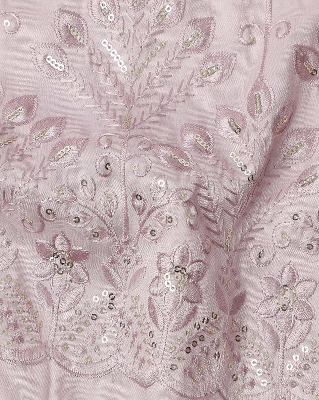 Baby Pink Floral Embroidered with Mirror Work Synthetic Cotton Fabric, 140 Cms, India-D25388