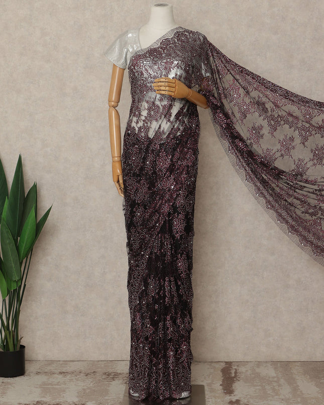 Wine Burgundy Premium French Metallic Chantilly Saree Lace With Stonework 5.5 Mtrs 110 Cms Width France-D27776