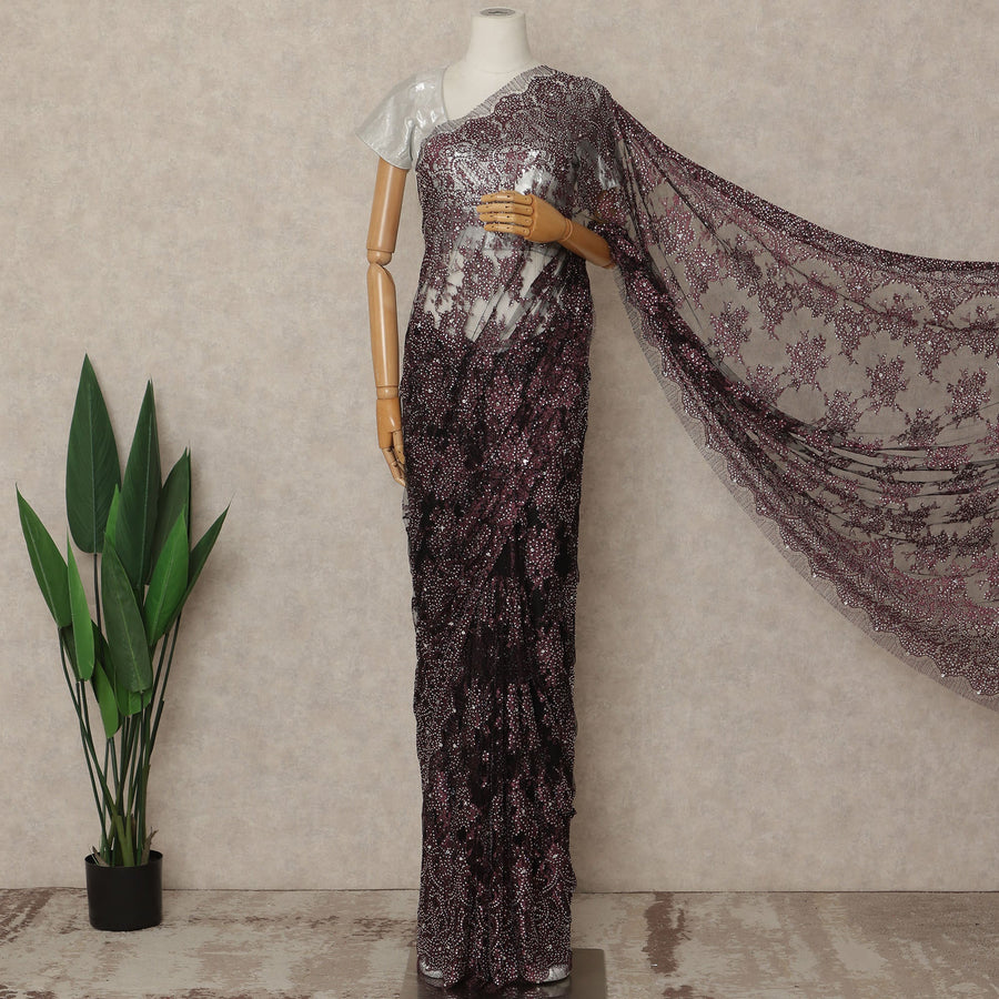 Wine Burgundy Premium French Metallic Chantilly Saree Lace With Stonework 5.5 Mtrs 110 Cms Width France-D27776