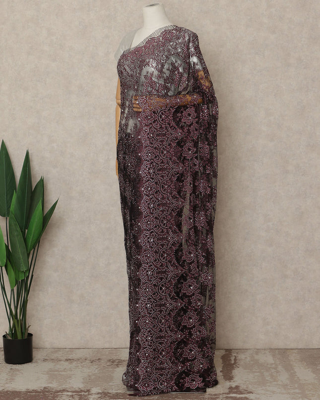 Wine Burgundy Premium French Metallic Chantilly Saree Lace With Stonework 5.5 Mtrs 110 Cms Width France-D27776