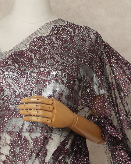 Wine Burgundy Premium French Metallic Chantilly Saree Lace With Stonework 5.5 Mtrs 110 Cms Width France-D27776