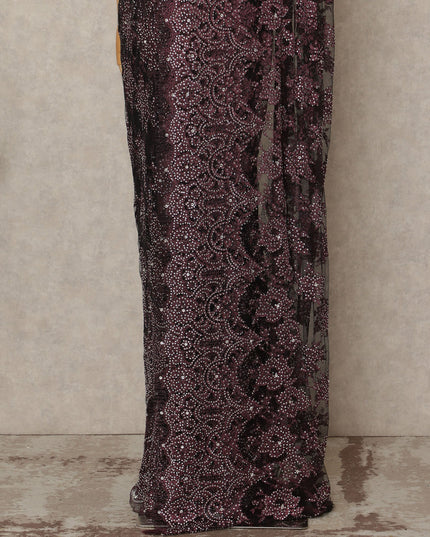 Wine Burgundy Premium French Metallic Chantilly Saree Lace With Stonework 5.5 Mtrs 110 Cms Width France-D27776