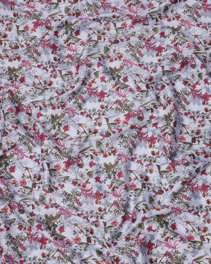 White cotton lawn printed Fabric with pink, magenta and olive botanical floral, 110 Cms Width, India-D25284
