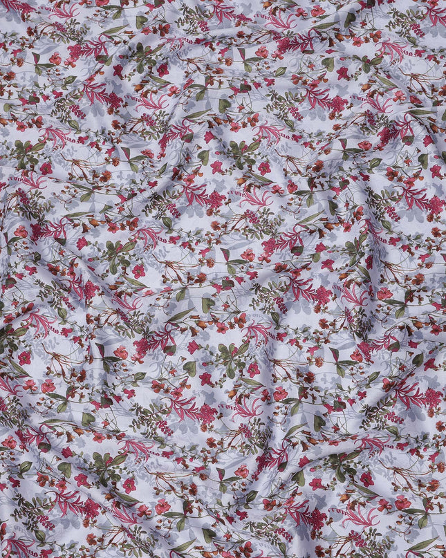 White cotton lawn printed Fabric with pink, magenta and olive botanical floral, 110 Cms Width, India-D25284