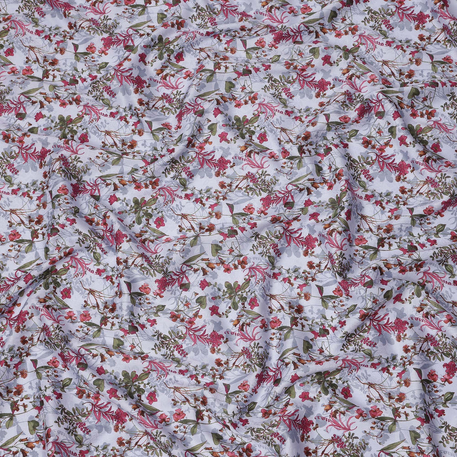 White cotton lawn printed Fabric with pink, magenta and olive botanical floral, 110 Cms Width, India-D25284
