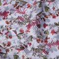 White cotton lawn printed Fabric with pink, magenta and olive botanical floral, 110 Cms Width, India-D25284
