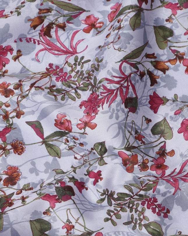 White cotton lawn printed Fabric with pink, magenta and olive botanical floral, 110 Cms Width, India-D25284
