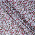 White cotton lawn printed Fabric with pink, magenta and olive botanical floral, 110 Cms Width, India-D25284