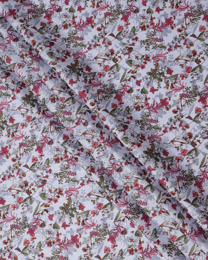 White cotton lawn printed Fabric with pink, magenta and olive botanical floral, 110 Cms Width, India-D25284