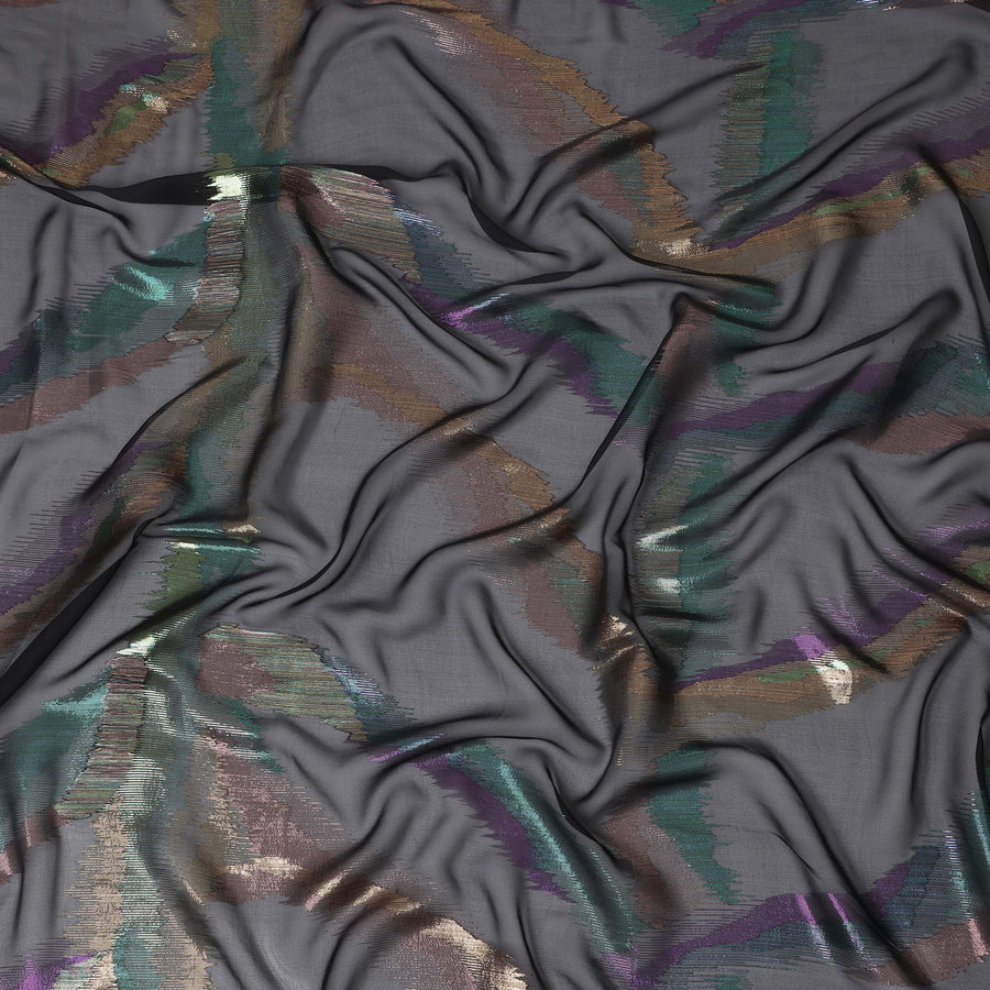 Black Premium Pure Silk Chiffon Fabric with Multicolor Metallic Lurex Design 110 Cms Width, Made in South Korea-D25865