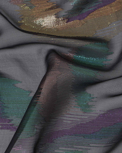 Black Premium Pure Silk Chiffon Fabric with Multicolor Metallic Lurex Design 110 Cms Width, Made in South Korea-D25865