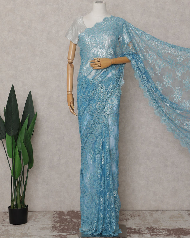 French Chantilly Lace Saree Piece - Sky Blue
