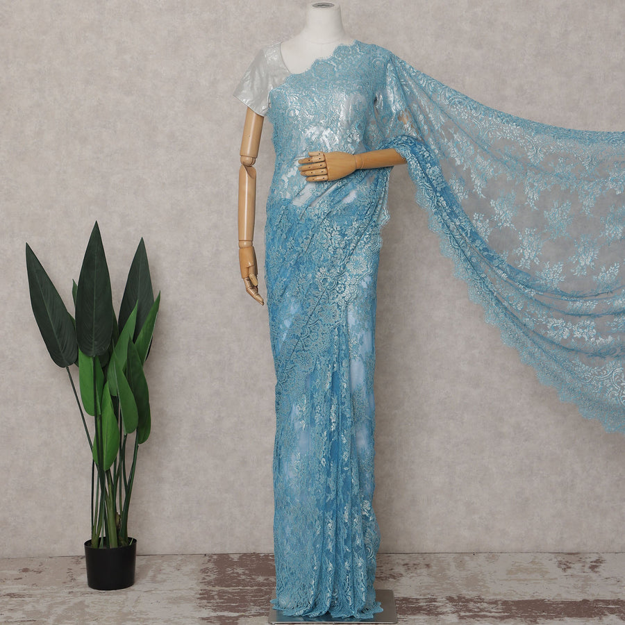 French Chantilly Lace Saree Piece - Sky Blue