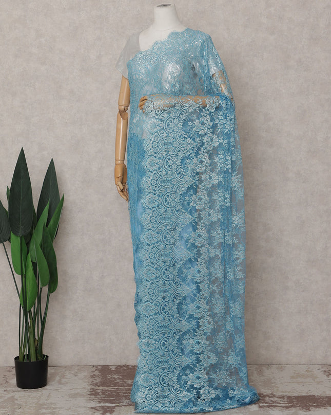 French Chantilly Lace Saree Piece - Sky Blue