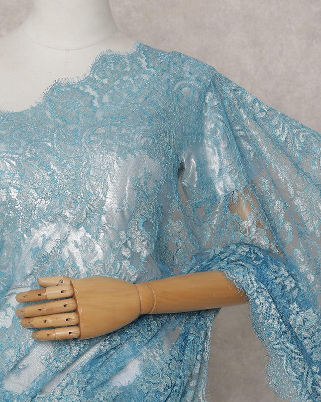 French Chantilly Lace Saree Piece - Sky Blue