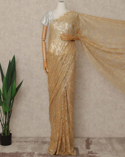 Golden Beige Premium French Metallic Chantilly Saree Lace 5.5 Mtrs Length 110 Cms Width Designer Net Fabric Made In France, Blouse Not Included-D28123