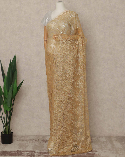 Golden Beige Premium French Metallic Chantilly Saree Lace 5.5 Mtrs Length 110 Cms Width Designer Net Fabric Made In France, Blouse Not Included-D28123