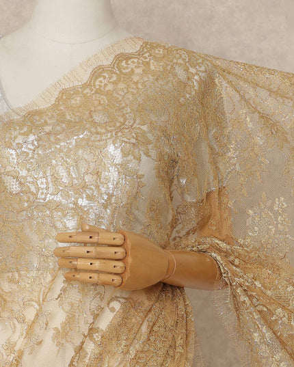 Golden Beige Premium French Metallic Chantilly Saree Lace 5.5 Mtrs Length 110 Cms Width Designer Net Fabric Made In France, Blouse Not Included-D28123