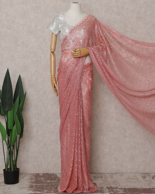 Dusty Rose Pink French Chantilly Lace Saree