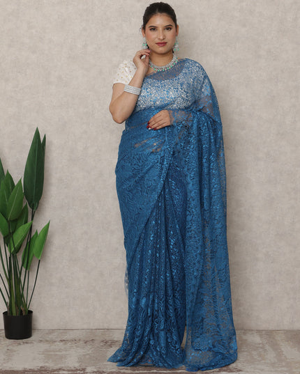 French Chantilly Lace Saree Piece - Peacock Blue