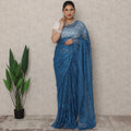 Teal Blue Premium French Metallic Chantilly Saree Lace, 5.5 Mtrs Length, 110 Cms Width, Made in France-D24443