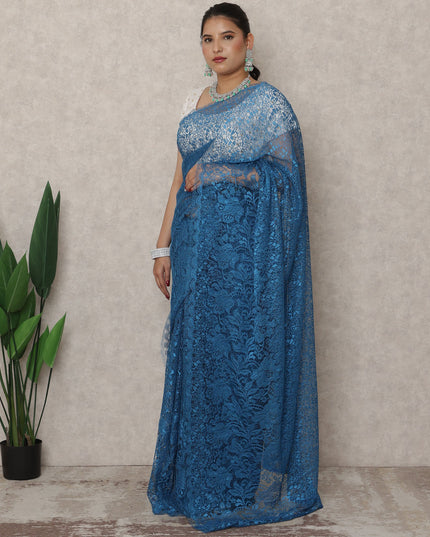 French Chantilly Lace Saree Piece - Peacock Blue